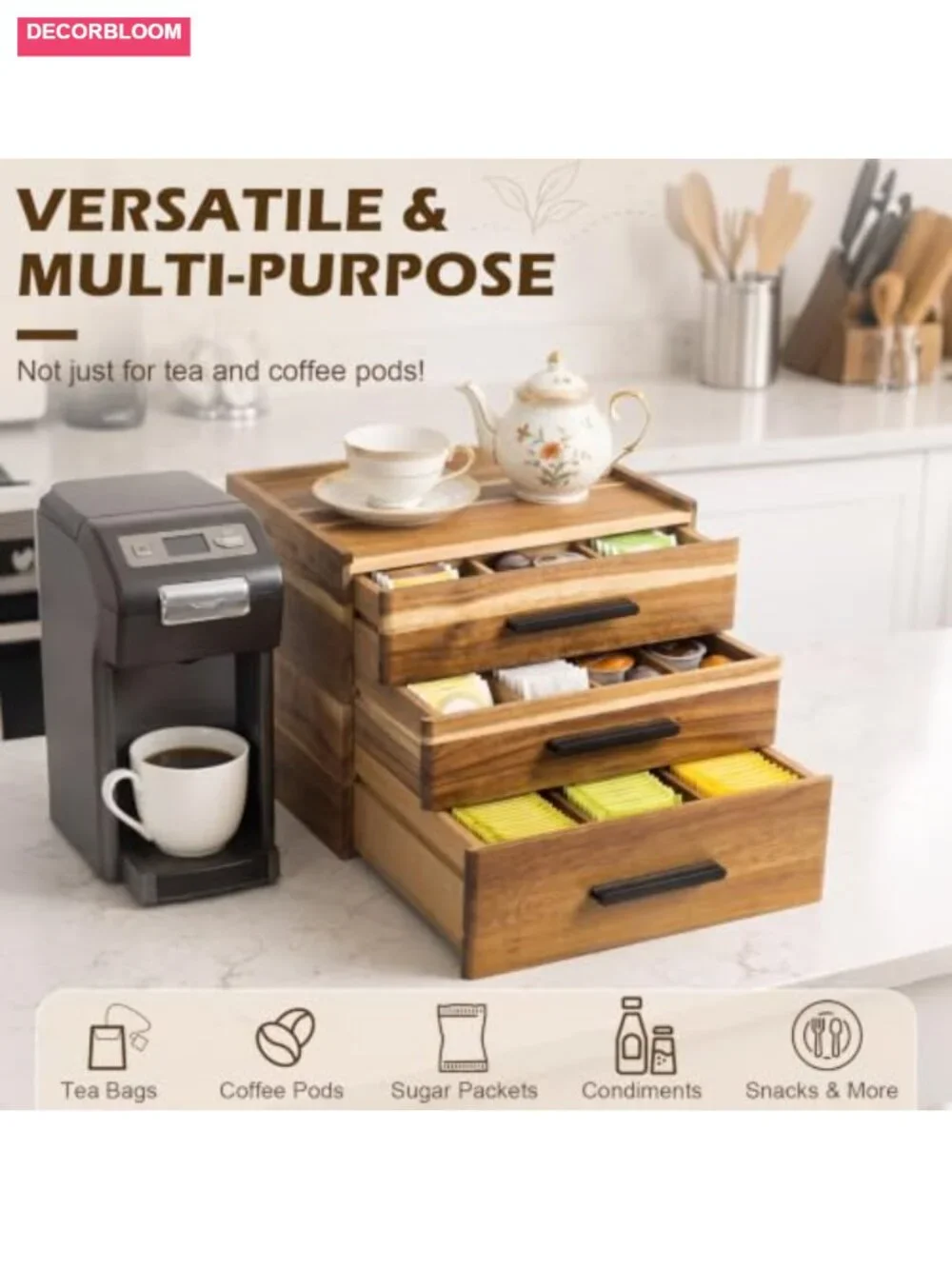 Acacia Wood Tea Bag Organizer 3 Drawers 27 Slots Coffee Capsule Holder